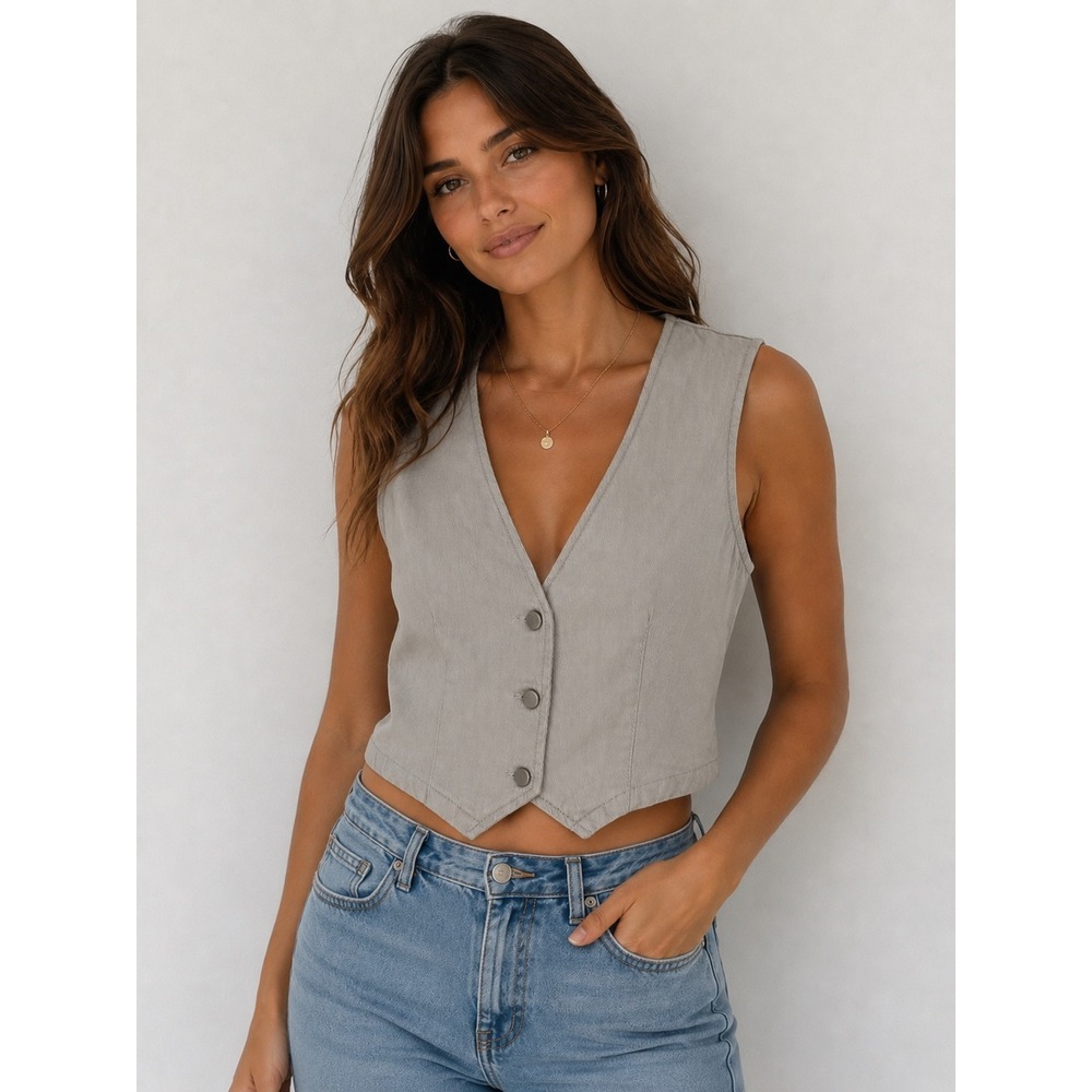 Pieces Womens Vest Grey Taupe Cotton Twill Cropped Button Up Vest Size S Western